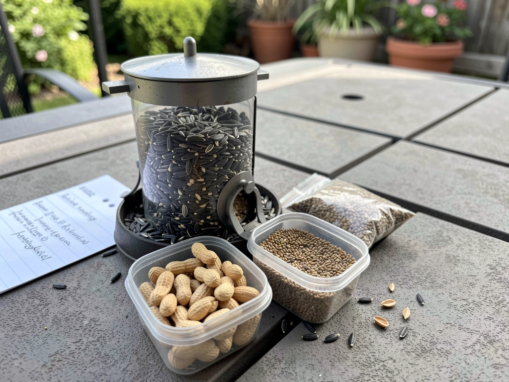 Black-oil sunflower seed in a hopper feeder with other seed types kept separate