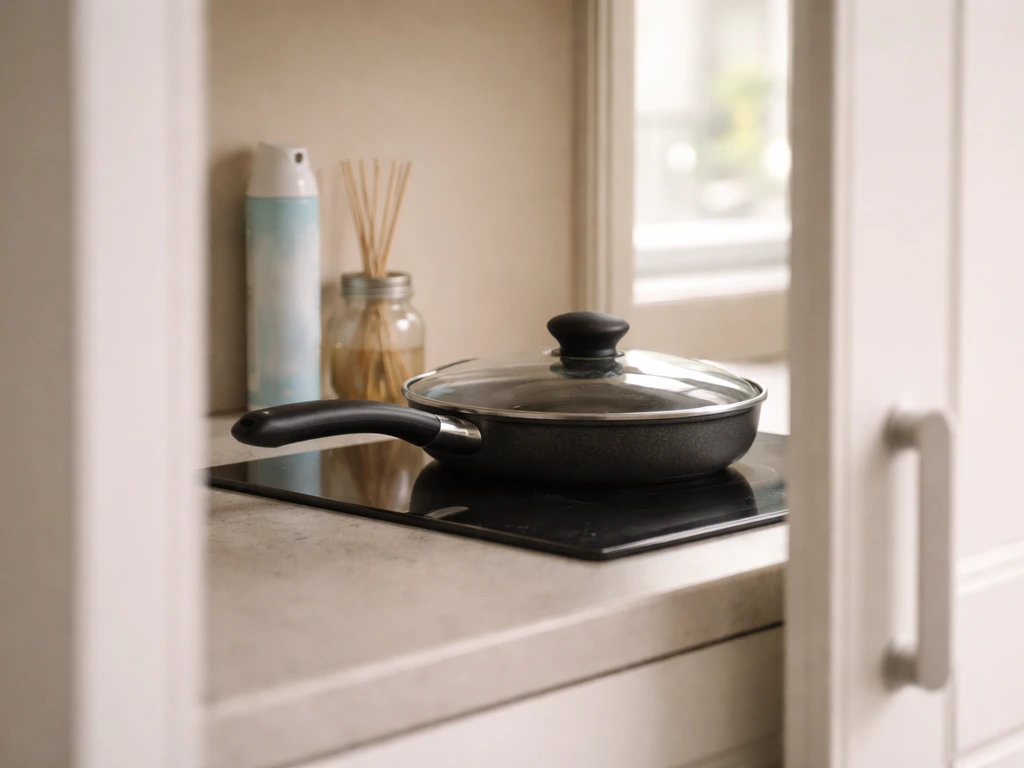 Minimal kitchen counter showing a covered non-stick pan and closed scented spray bottle with a bird-safe barrier