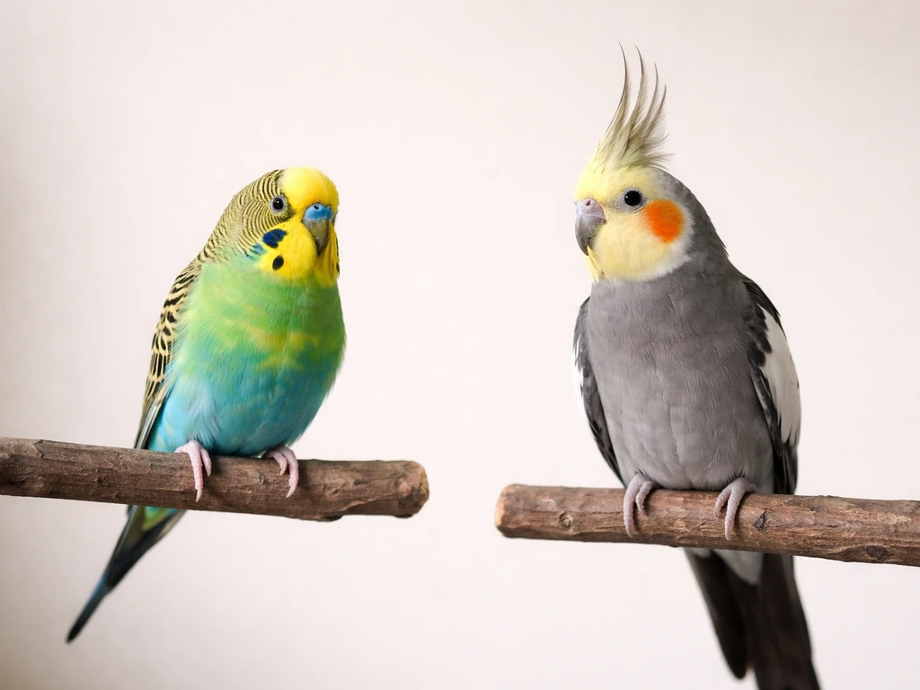 Budgie and cockatiel perched on simple branches side by side in a bright, minimal room