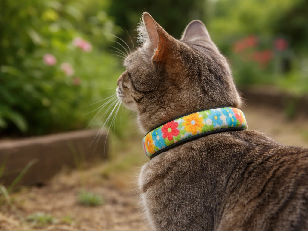 Outdoor close-up of a cat wearing a bird-safe breakaway collar with a protective fabric cover near a garden.