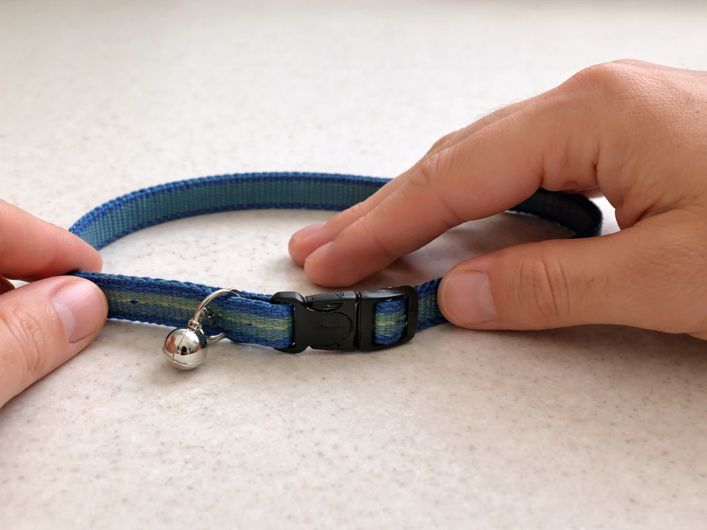Hands inspecting a cat collar on a table, with two-finger fit check, fraying edge, and clasp in view.