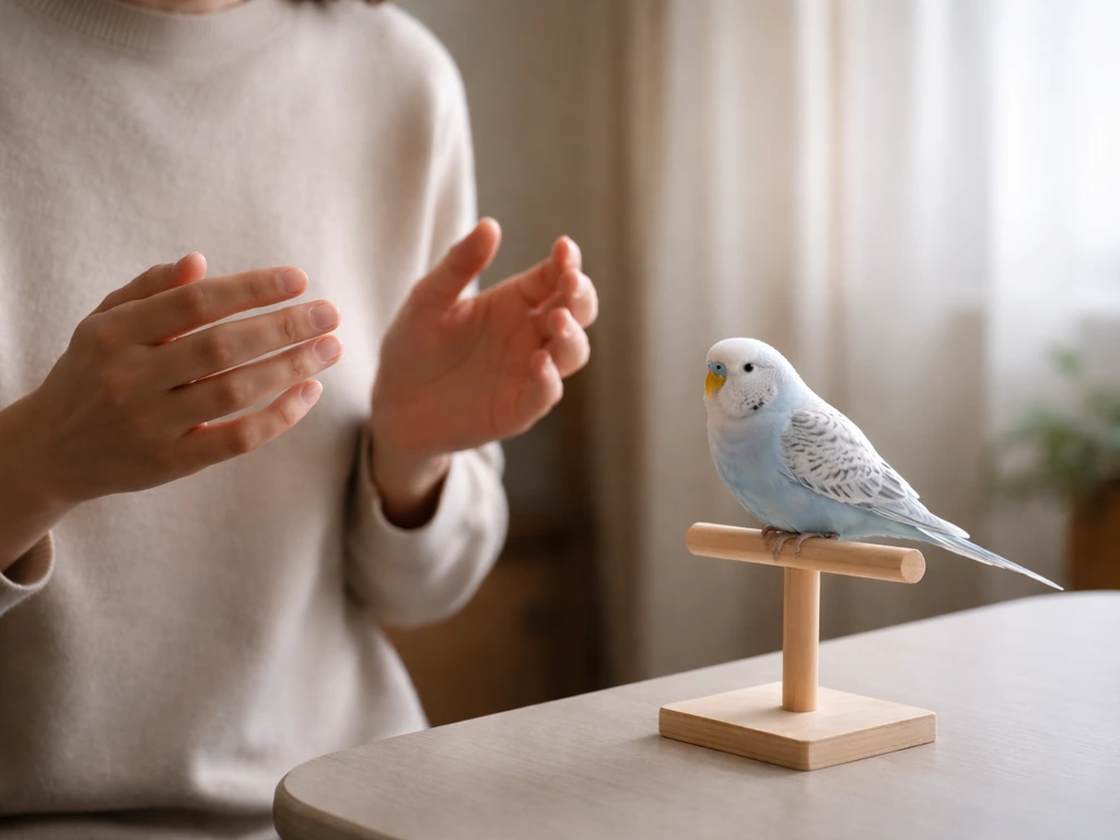 Person slowly approaches a calm pet bird on a perch, gentle posture in natural indoor light.