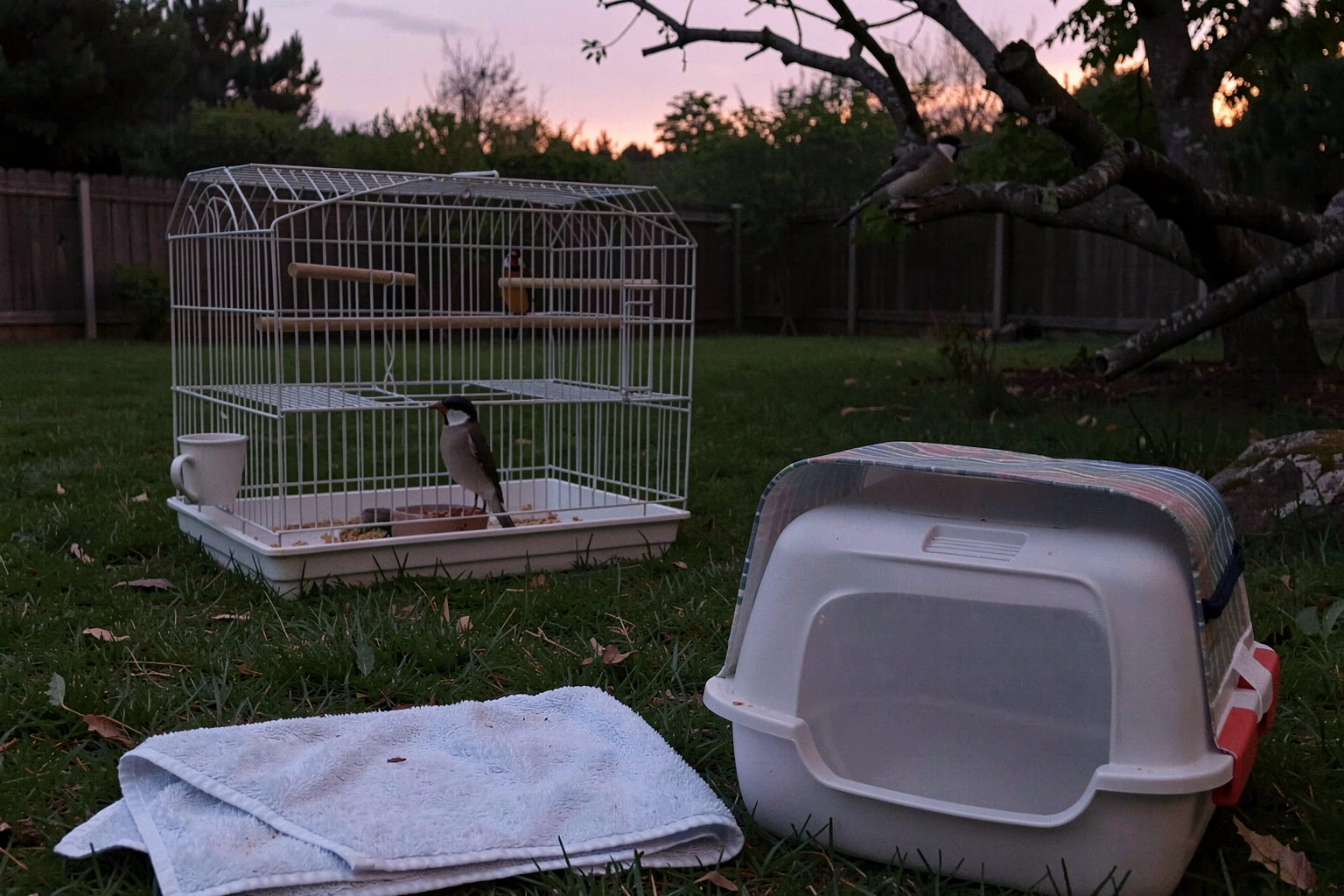 Dusk backyard setup with open pet bird cage plus towel and ventilated carrier for safe catching
