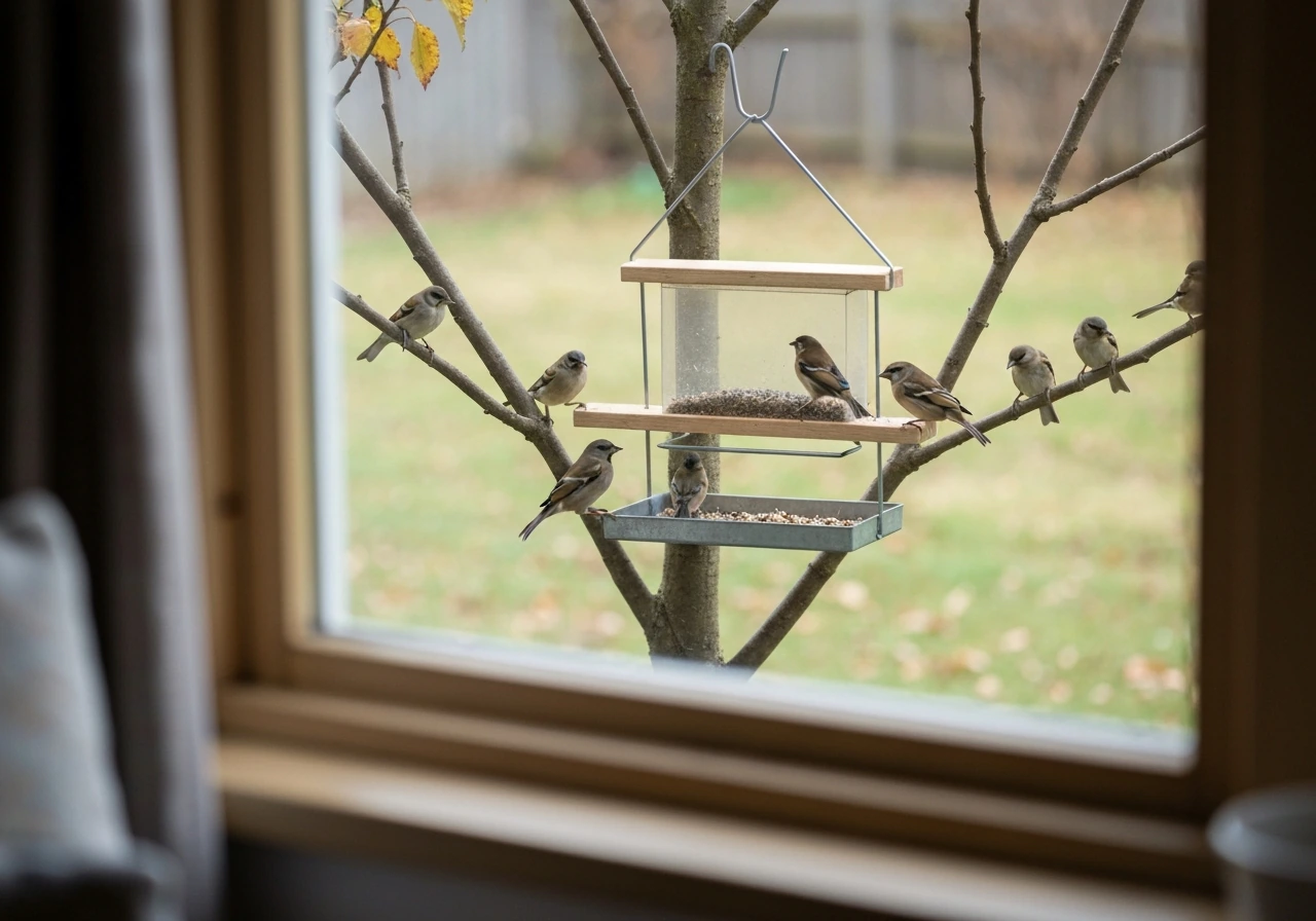 View from inside a home toward a backyard feeder as small wild birds land to eat.