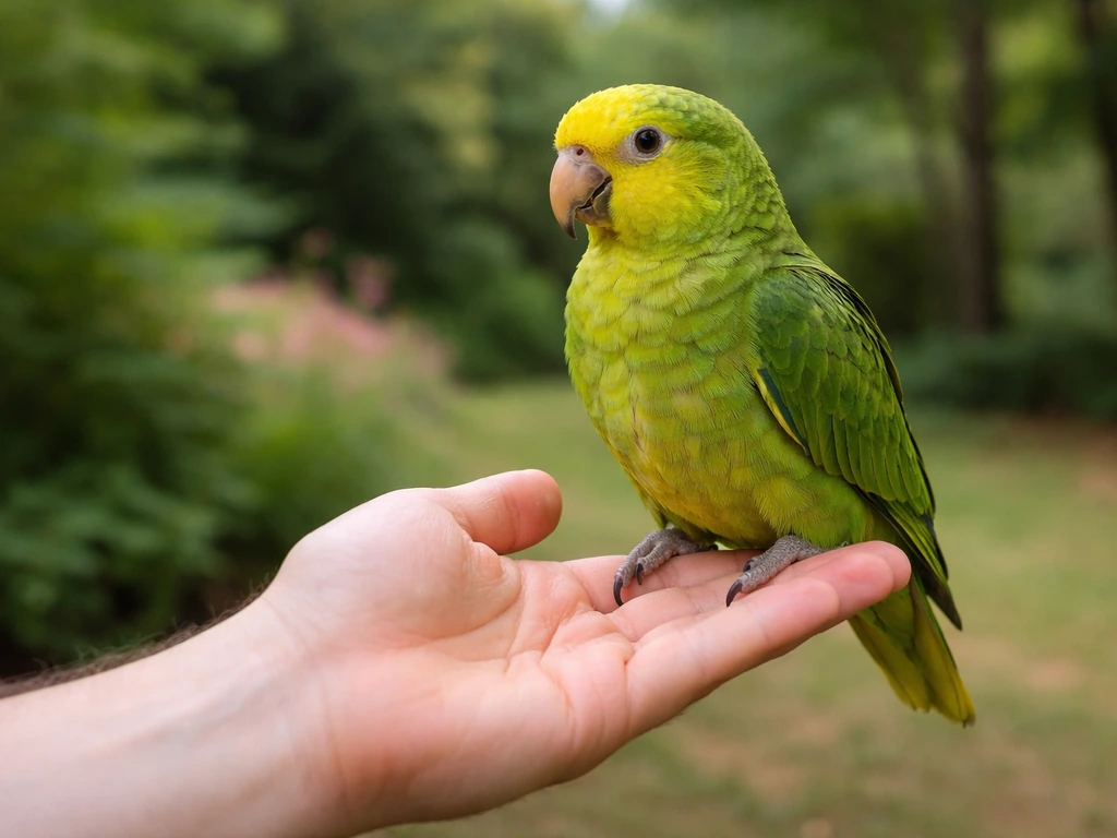 A calm parrot perched on an open human hand in soft natural light, relaxed and safe.