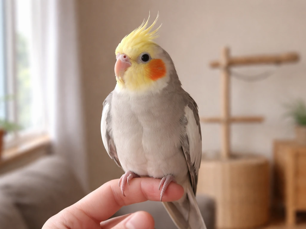 A cockatiel calmly perched on a finger indoors, relaxed and trust-building.