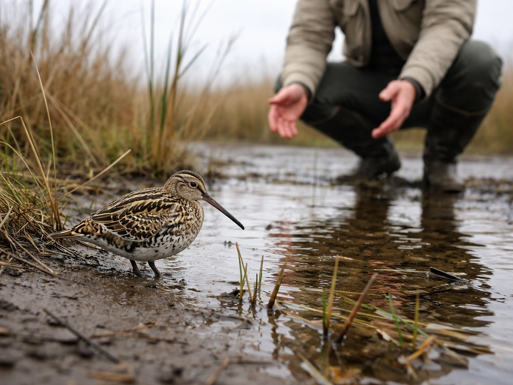 Snipe bird in a wet marsh edge with an anonymous person crouching at a safe, respectful distance.