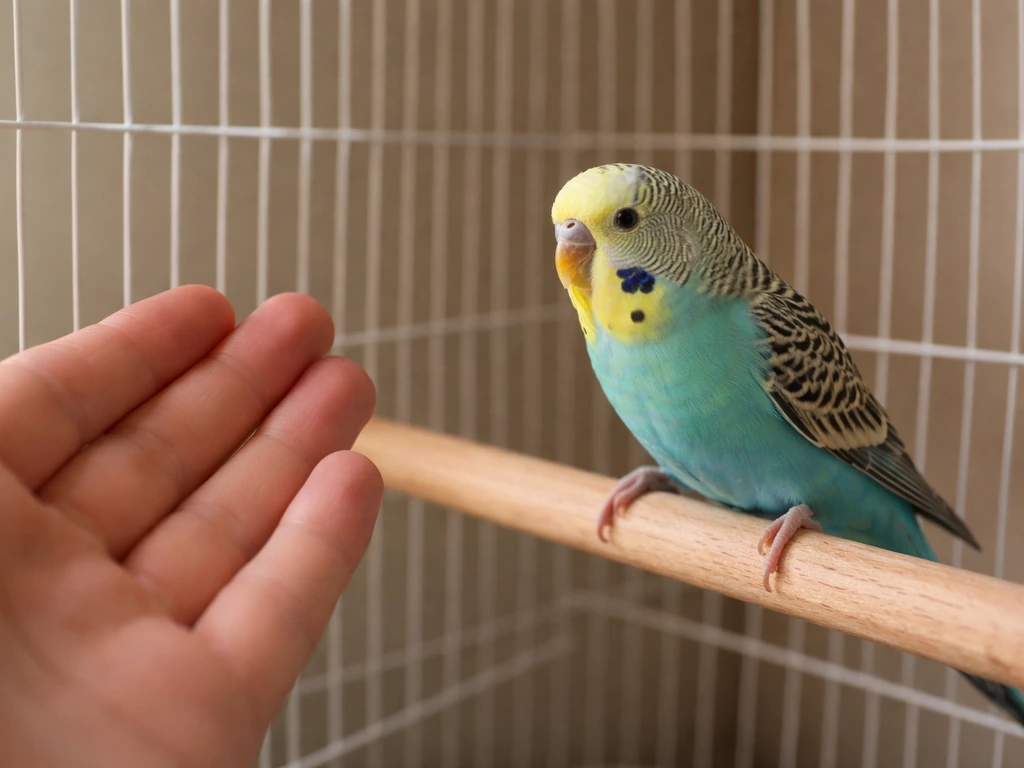 Budgie backed away from a withdrawn hand inside a simple cage, showing a fear response.