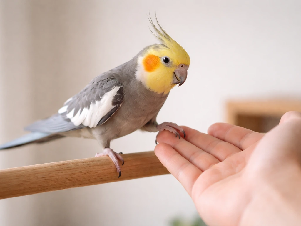 A cockatiel calmly step-ups from a perch onto a person’s hand with gentle stable support.